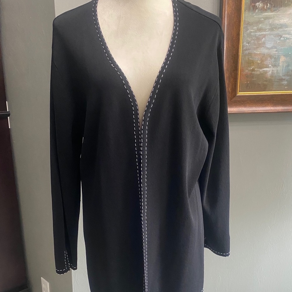 Chicos Design Black Open Front Cardigan Contrast Pick Stitch Knit Sweater Size 2